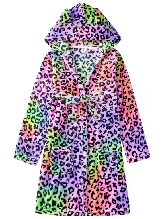Rainbow Black Leopard Robe for Girls Fleece Toddler Kids Teen Spa Hooded Bathrobe Size 8