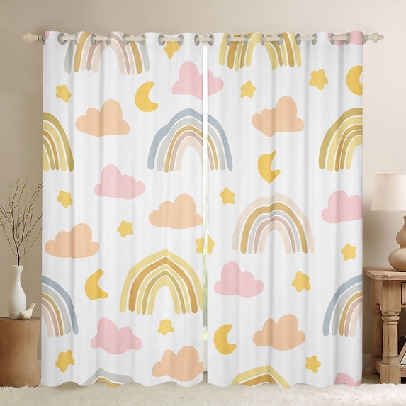 Rainbow 30%-50% Blackout Curtains Cartoon Rainbow Curtains & Drapes Hand Drawn Iridescent Print Curtains Colorful Clouds Moon Stars Window Treatments 38Wx45L