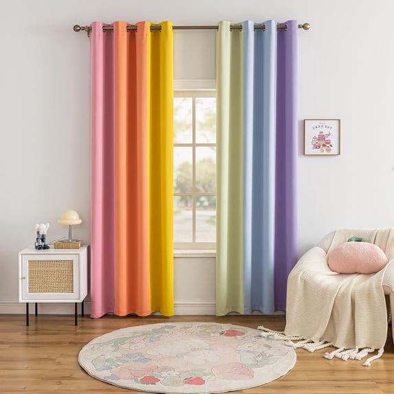 Rainbow Blackout Curtains Made with a Patchwork of Pink, Orange, Yellow, Green, Blue, and Purple for Kids Bedroom Blackout Colored Curtains for Bedroom Classroom 53"W x 108"L (Pack of 2)