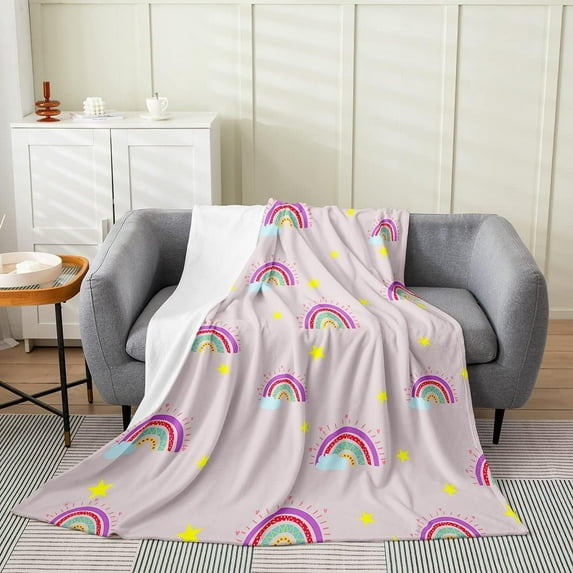 Rainbow Blanket 40X50 Inch, Kawaii Stars and Clouds Throw Blanket for Kids Girls, Girly Fantasy Heart Flannel Blanket, Purple Bed Blanket Microfiber Lightweight Home Room Decor