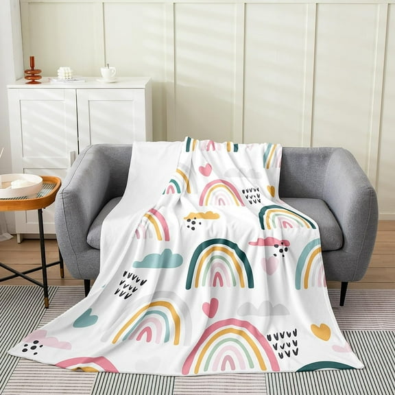 Rainbow Blanket 40x50 Cartoon Rainbow Throw Blanket for Kids Girls Boys Nursery Hand Drawn Iridescent Print Fleece Blanket Colorful Clouds Love Heart Decor Bed Blanket