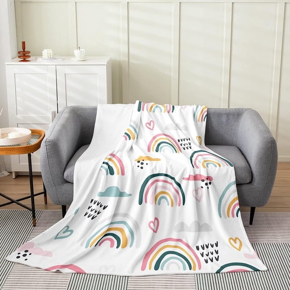 Rainbow Blanket Throw 50x60 Cartoon Rainbow Throw Blanket for Kids Girls Boys Nursery Hand Drawn Iridescent Print Fleece Blanket Colorful Clouds Love Heart Decor Bed Blanket