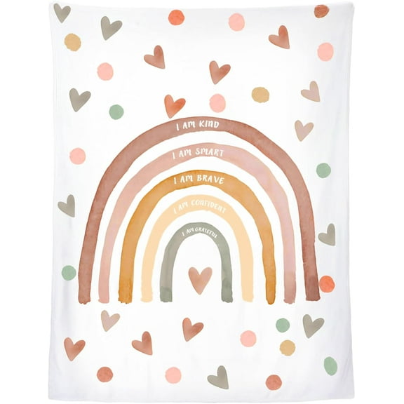 Rainbow Blanket for Teen Girls - Soft Neutral Boho Rainbow Blanket with Inspirational Quote - 60 x 50 Inch