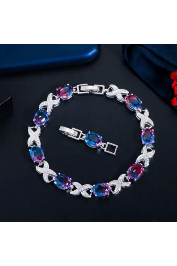 Rainbow Blue CZ Stone Cross Bracelet Bangle for Women Brides Party Chic Jewelry