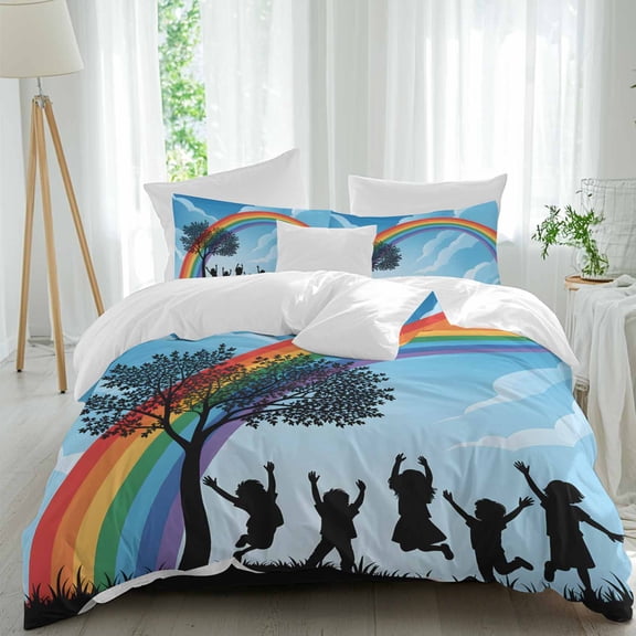 Rainbow Blue Sky Full Size Comforter Set, Trees Silhouettes Grassland Children's Day Bedding for All Seasons, 4 Pcs Bed Set, 1Quiltcover (86"x86") ,1Sheet(80"x116"), 2Pillowcases (30"x20")