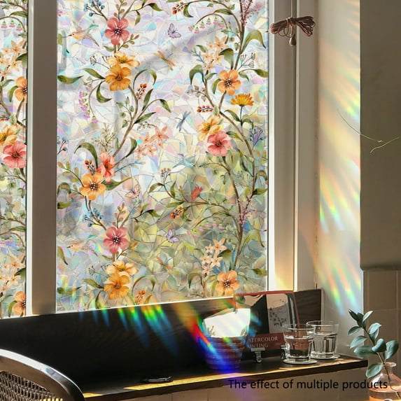 Rainbow Boho Daisy Flowers Privacy Film - 3D Decorative Vinyl Stained Glass Window Clings, Static Cling Decals, Non-Adhesive Sticker, Stained Glass Window Film, Static Cling Window Privacy Sticker