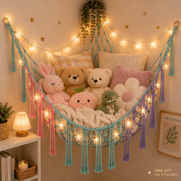 Rainbow Boho Macrame Plushie Hammock Wall Decor with Tassels, Handwoven Corner Hanging Organizer for Cozy Bedroom, Dorm & Apartment Aesthetic