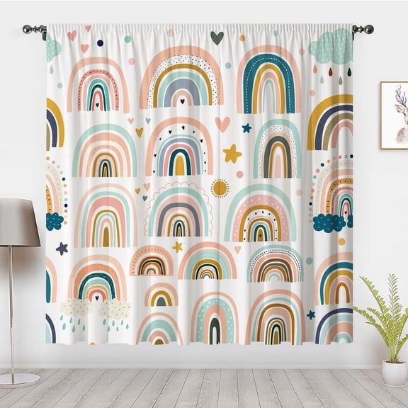 Rainbow Boho Window Curtain Retro Hippie Window Treatments Darkening Curtain Panels Pair Blackout Curtain For Nursery Room Bedroom Decor(Rod pocket)