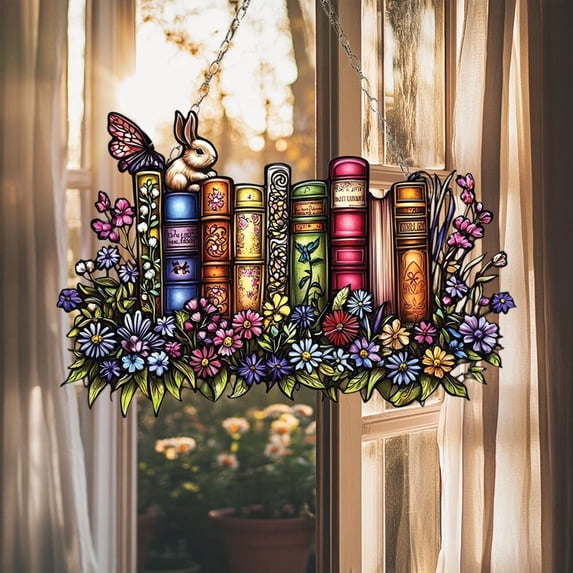 Rainbow Books and Bunny Suncatcher, Acrylic Window Art with Garden Flowers and Reading Theme, Cozy Cottagecore Gift for Book Lovers