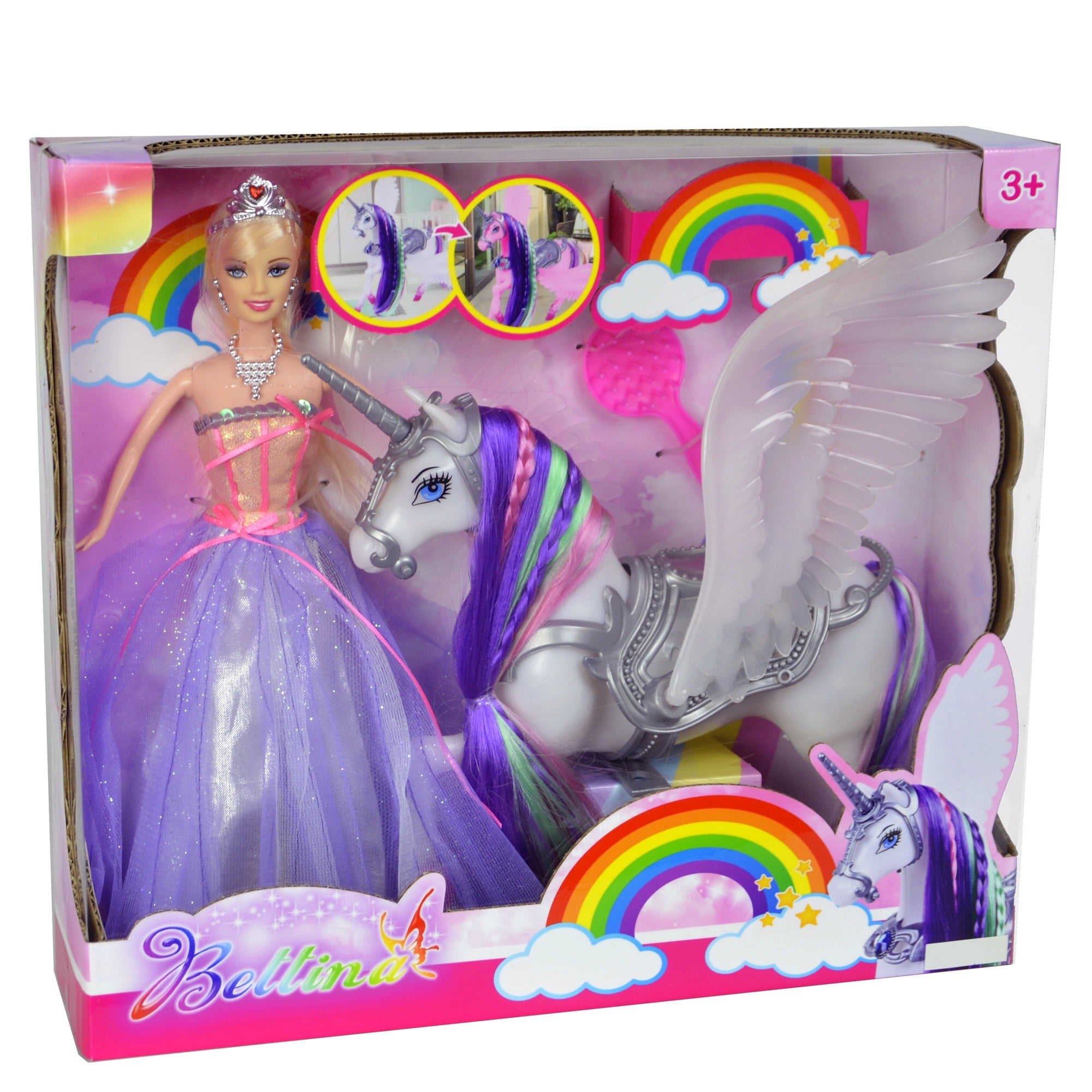 Rainbow Braided Hair Unicorn Princess Doll Playset, 12" Fashion Fairy Tale Doll, Color Change ...