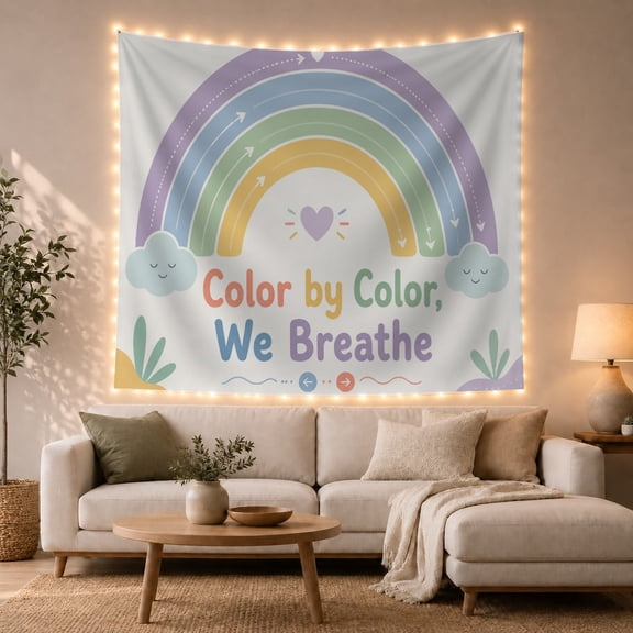 Rainbow Breathing Typography with Clouds and Heart, Calming Illustration for Kids, Mindfulness Wall Decor, Back to School Gift, Tapestry Wall Hanging for Classroom and Playroom