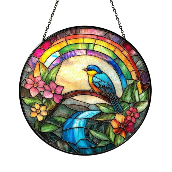 Rainbow Bridge Bird Scene Stained Glass Window Hanging, Colorful Nature Inspired Home Decor Gift