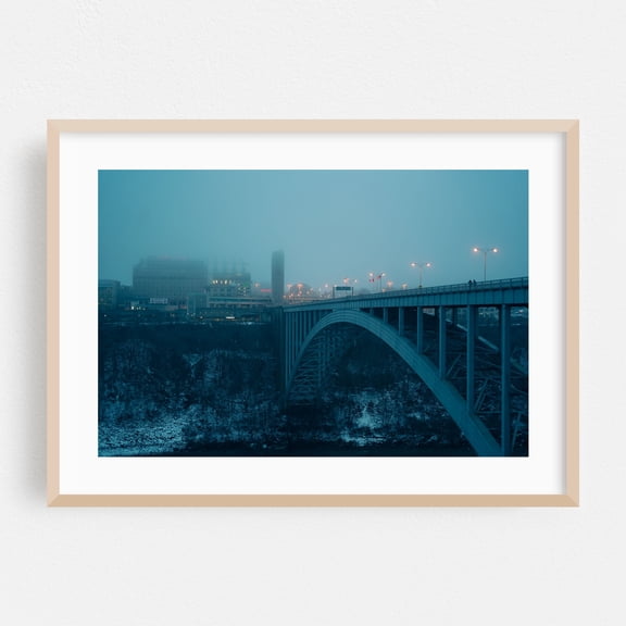 Rainbow Bridge, Niagara Falls 01 - Niagara Falls New York Photography Bridge Cityscape Winter Architecture Snow Skyline Nightlife Oak Framed Wall Art Print 5 x 7 inches