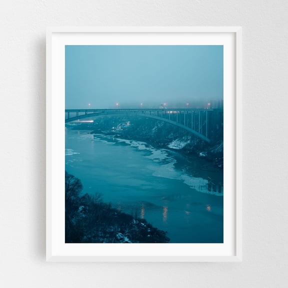 Rainbow Bridge, Niagara Falls 02 - Niagara Falls New York Photography Bridge Winter Scenic Landscape Night Sky Architecture White Framed Wall Art Print 8 x 10 inches