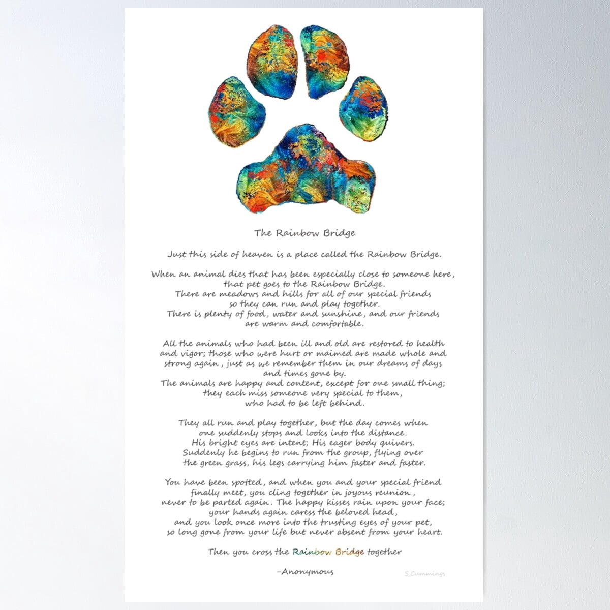 Rainbow Bridge Poem With Colorful Paw Print By Sharon Cummings Poster ...
