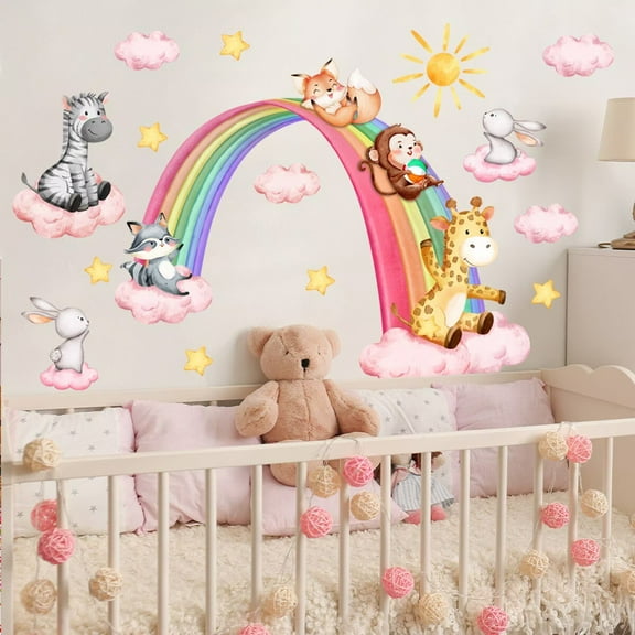 Rainbow Bridges Animal Wall Decals Giraffe Monkey Zebra Fox Rabbit Sun Stars Clouds Wall Stickers Baby Nursery Boys Girls Kids Room Living Room Wall Decor