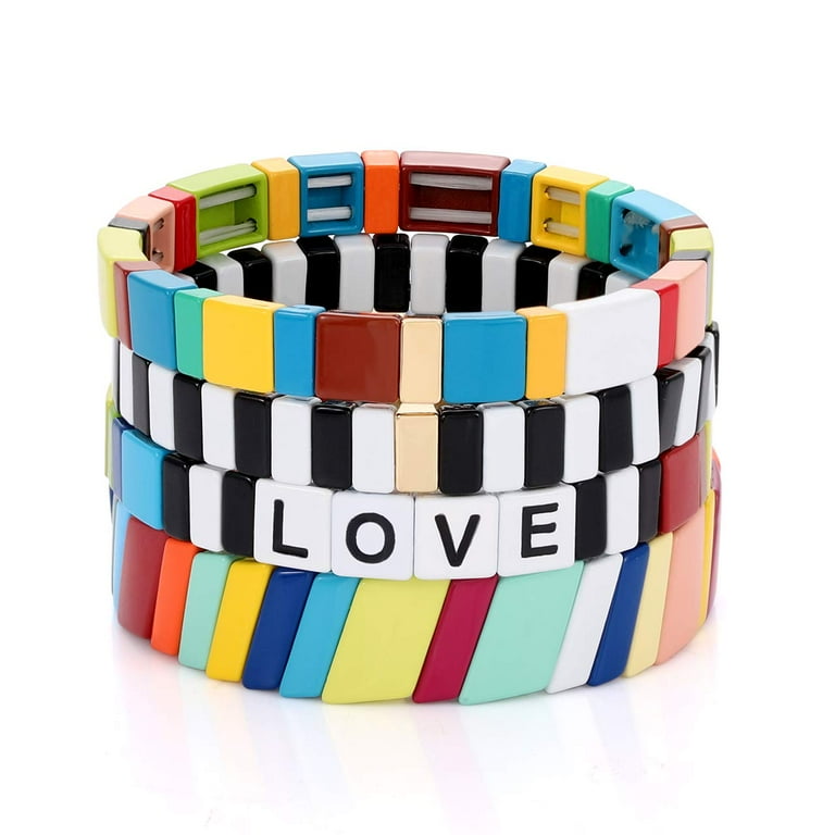 Rainbow Brite Enamel Tile Bracelet Set Colorful Stackable Rainbow Bead Love Bracelets Stretchy and Stylish Women s Size One size Grey Type