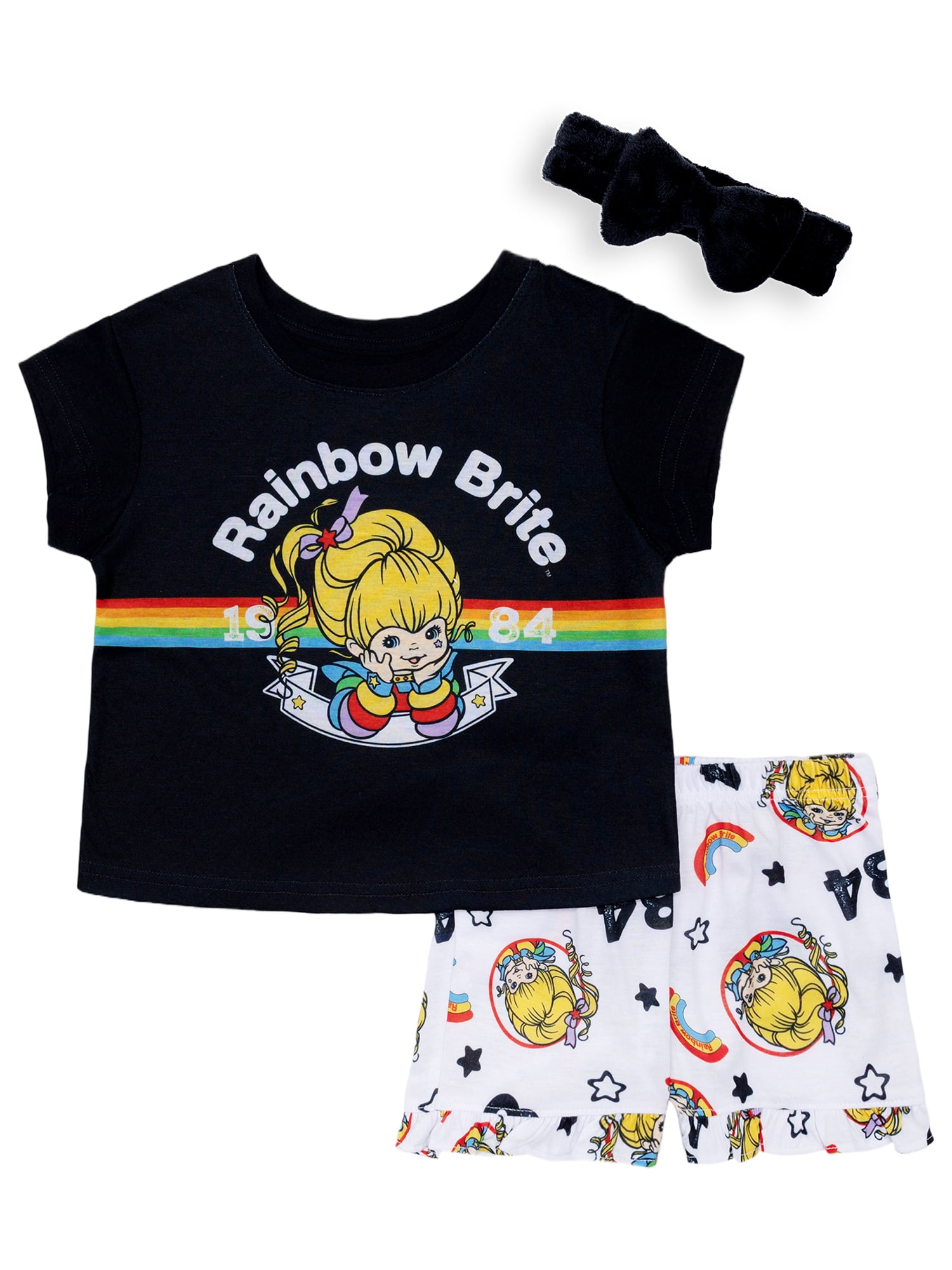 Rainbow Brite Tween 2- Piece Short Sleeve Top and Shorts Pajama Set with Spa Headband, Sizes 4-12