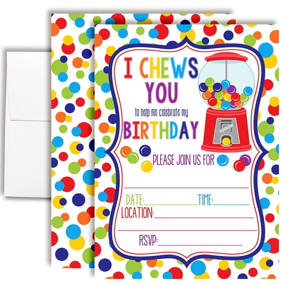 Rainbow Bubble Gum Birthday Invitations for Kids, 20 Fill-In Cards with Envelopes, 5x7 Children's Party Invitations, Birthday Party Supplies, Made in USA by Amanda Creation