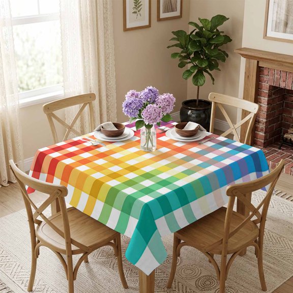 Rainbow Buffalo Plaid Square Tablecloth 54x54 Inch Gradient Checked Waterproof Polyester Table Cover, Washable Stain Resistant Tablecloth for Dining Table Kitchen Wedding
