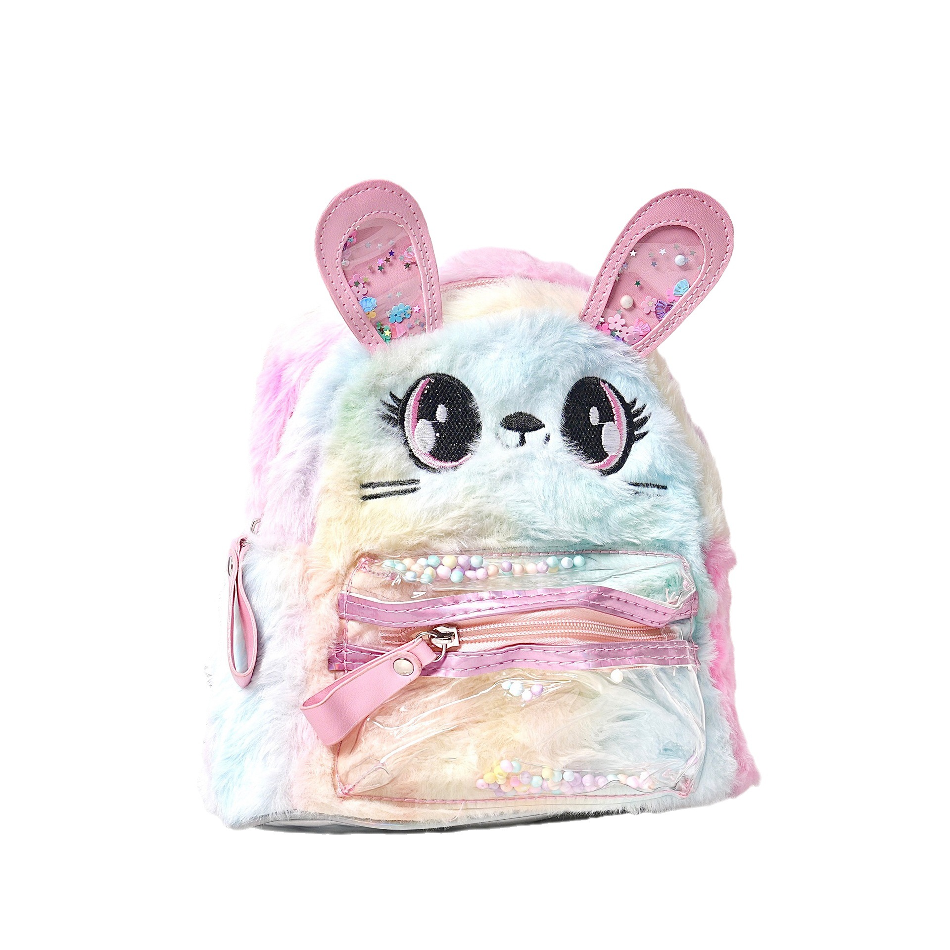 Rainbow Bunny Mini Backpack Cute Fluffy Plush Bookbag Plush Rabbit Ears ...