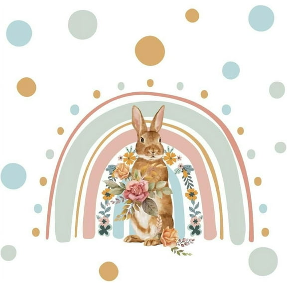 Rainbow Bunny Wall Decals Flowers Wall Stickers DIY Peel and Stick Cute Animal Removable Decal Wall Art Home Wall Decor for Bedroom Living Room Playroom Nursery colorful