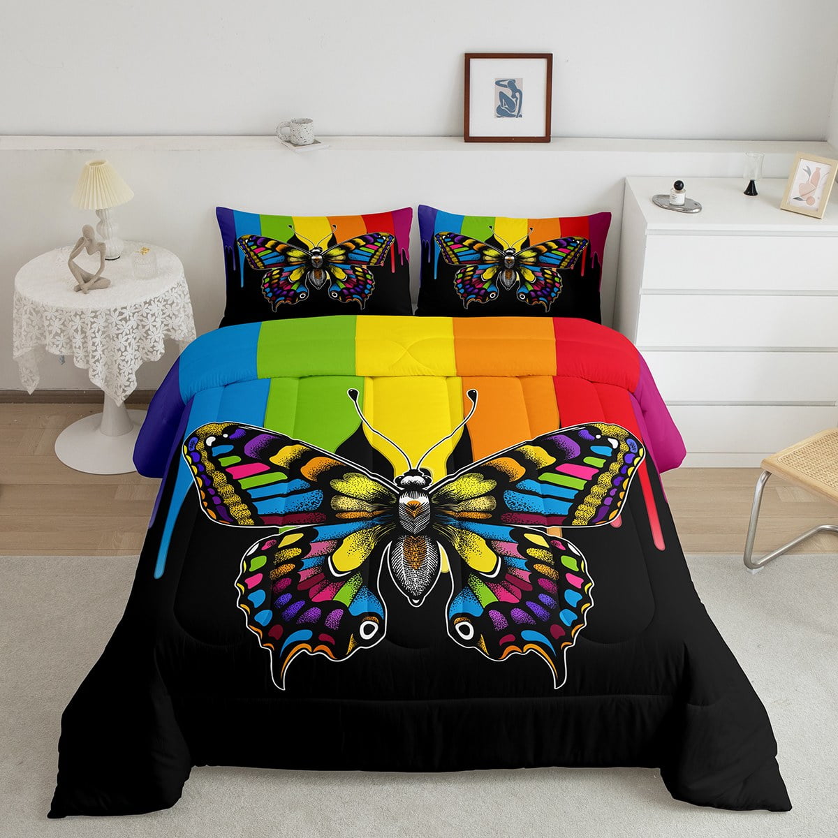 Rainbow Butterflies Bedding for Adult Women,Wildlife Moth Down