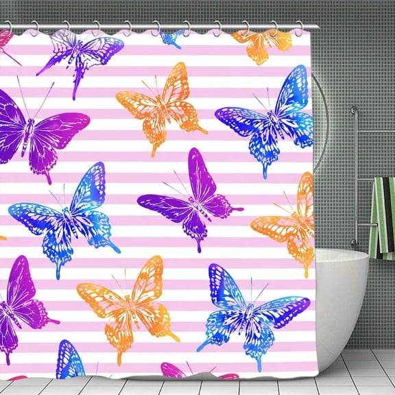 Rainbow Butterflies Pattern Print Shower Curtain,Cloth Fabric Waterproof Polyester Bathroom Home Decor Set with Hooks 70.8×70.8Inch