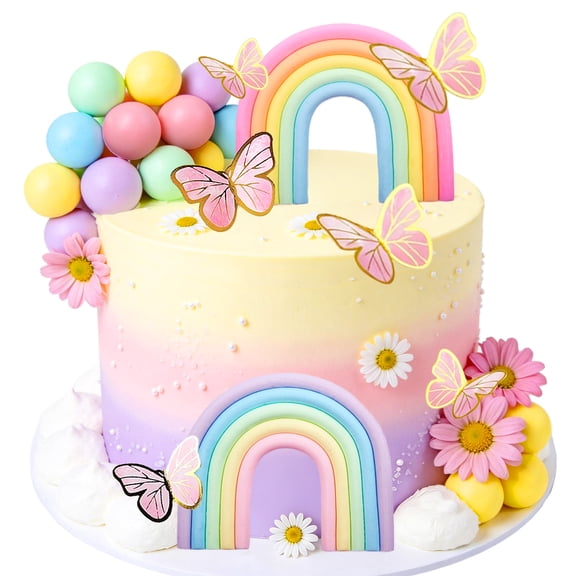 Rainbow Butterfly Cake Decorations Set - Dreamy Pastel Theme Party Decor for Birthdays & Celebrations