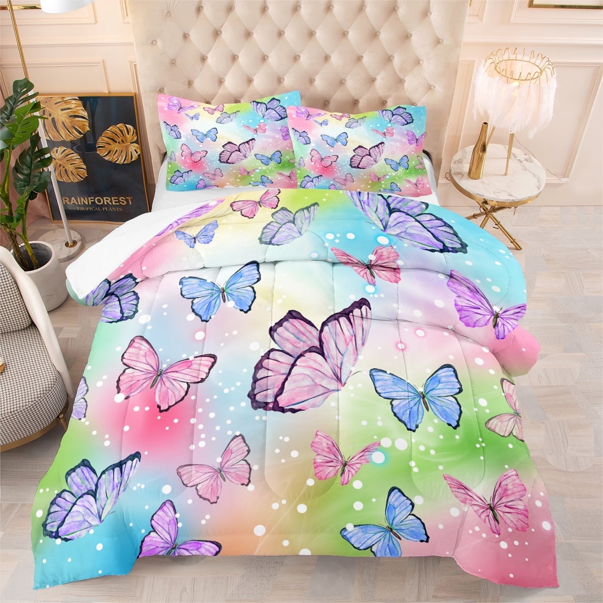 KaMinLy Rainbow Butterfly Comforter Set Queen Size with 1 Comforter and
