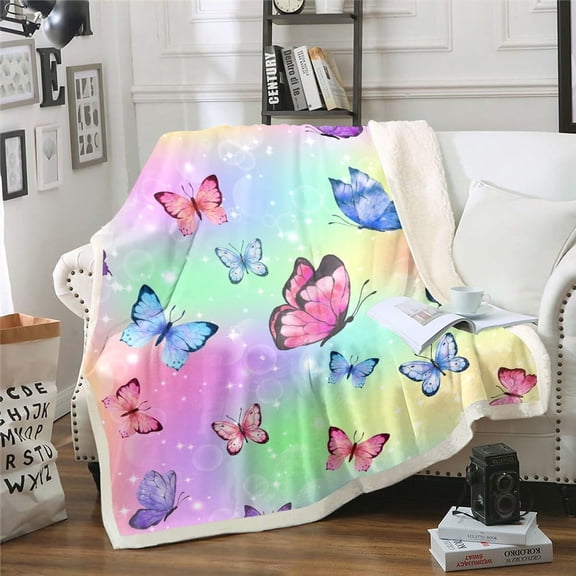 Rainbow Butterfly Fleece Throw Blanket Throw 50"X60",Colorful Butterfly Gifts for Girls Women Adult,Glitter Stars Galaxy Sherpa Blanket for Bed Couch,Soft Lightweight Flannel Blanket