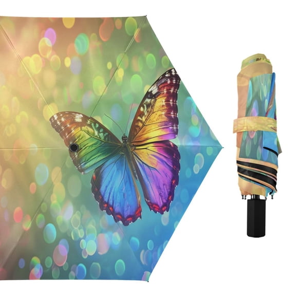Rainbow Butterfly Flying Compact Sun Umbrella Windproof Travel Umbrellas for Rain Strong Portable UV Protection