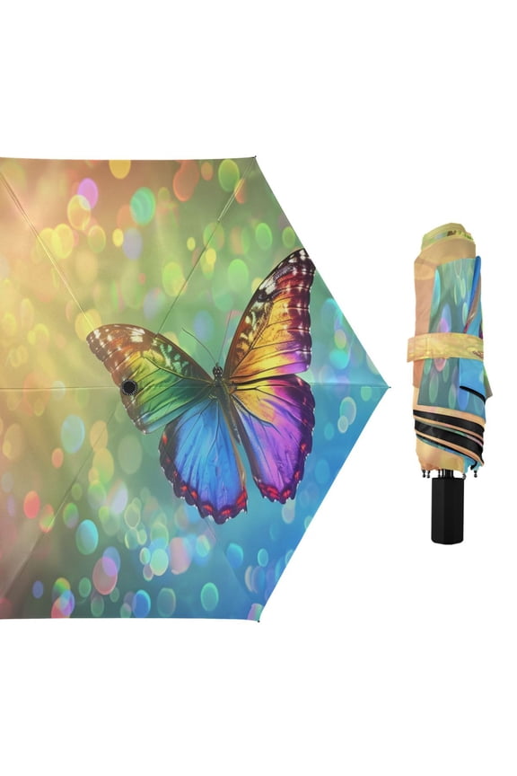 Rainbow Butterfly Flying Compact Sun Umbrella Windproof Travel Umbrellas for Rain Strong Portable UV Protection