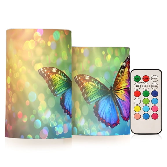 Rainbow Butterfly Flying Flickering Flameless LED Candles set of 2 Battery Operated 18-Key Remotes Timer Halloween Fall Decor D3''xH4''5''