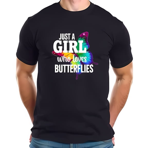 Rainbow Butterfly Graphic T-Shirt - " Just a Girl Who Loves Butterflies " - Cotton Short Sleeve Tee for Nature Lovers