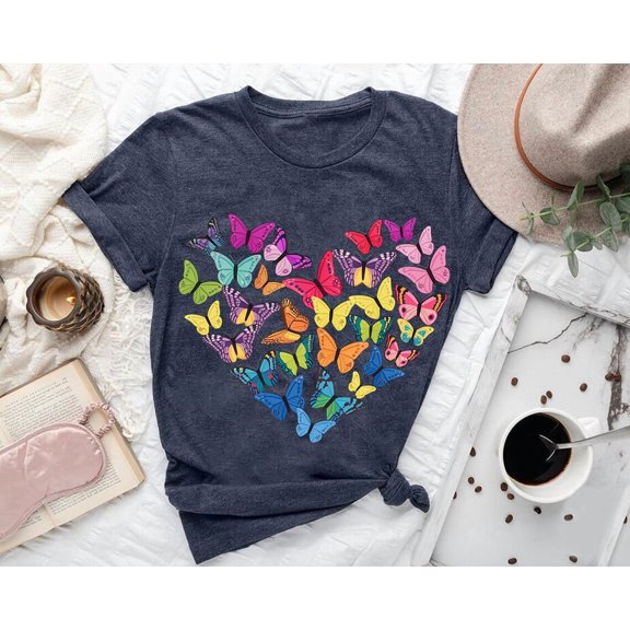 Rainbow Butterfly Heart Graphic Tee - Nature Lover Spring Summer Shirt TSHIRT All Size S-5XL