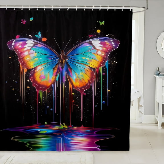 Rainbow Butterfly Shower Curtain Colorful Butterfly Bath Curtain Abstract Butterfly Art Black Bathroom Decor,Tie-Dye Print Waterproof Curtain Oil Painting Butterfly Curtain,72"Wx72"L