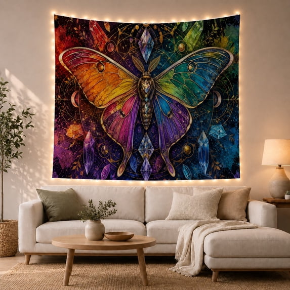 Rainbow Butterfly with Stained Glass Wings, Dreamy Maximalist Style for Butterfly Lovers, Colorful Wall Art, Housewarming Gift, Tapestry Wall Hanging for Bedroom and Dorm
