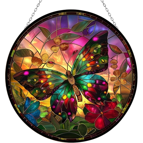 Rainbow Butterfly Suncatchers for Windows, Stained Glass Window Hangings,Hand-Painted Glass Panel Perfect for Home Decorr