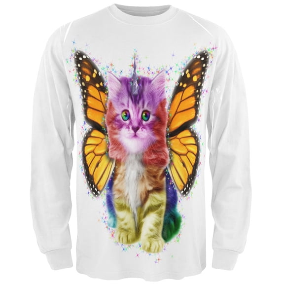 Rainbow Butterfly Unicorn Kitten All Over Adult Long Sleeve T-Shirt - Small