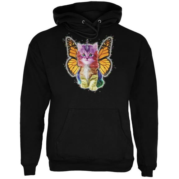 Rainbow Butterfly Unicorn Kitten Black Adult Hoodie