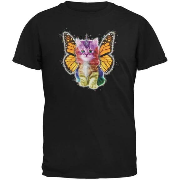 Rainbow Butterfly Unicorn Kitten Black Youth T-Shirt - X-Large(18)