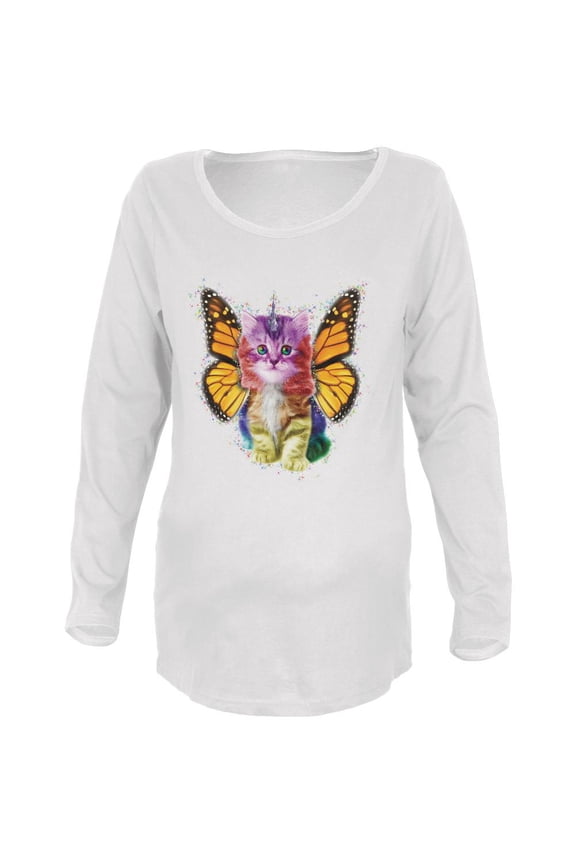 Rainbow Butterfly Unicorn Kitten Maternity Soft Long Sleeve T Shirt White LG