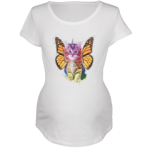 Rainbow Butterfly Unicorn Kitten Maternity Soft T Shirt White SM