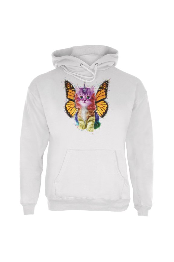Rainbow Butterfly Unicorn Kitten White Adult Hoodie