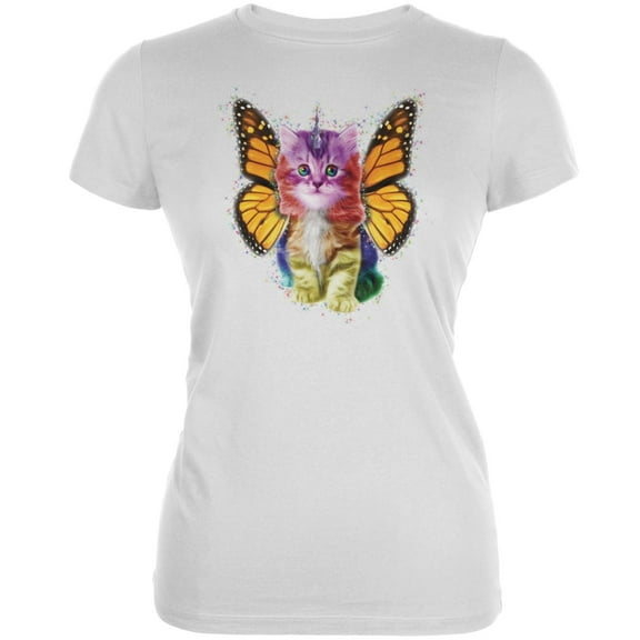 Rainbow Butterfly Unicorn Kitten White Juniors Soft T-Shirt - Small