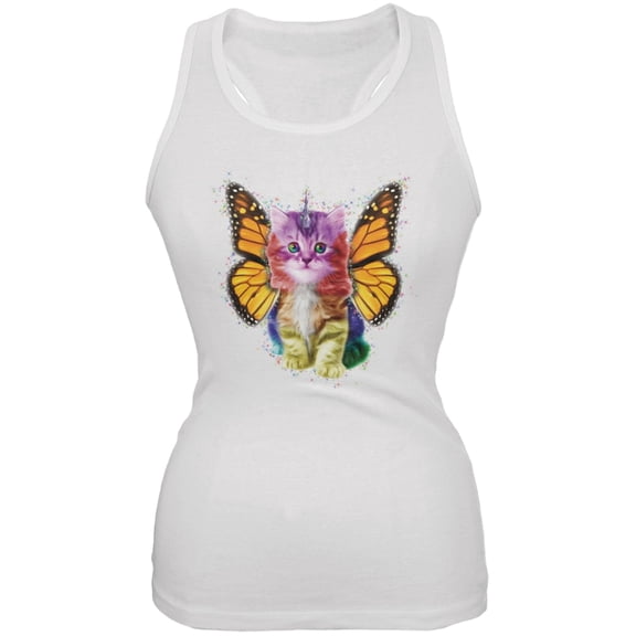 Rainbow Butterfly Unicorn Kitten White Juniors Soft Tank Top - 2X-Large