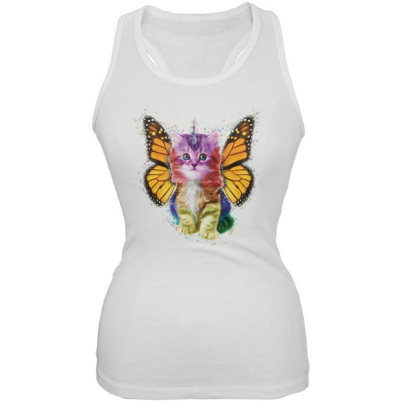 Rainbow Butterfly Unicorn Kitten White Juniors Soft Tank Top - Small