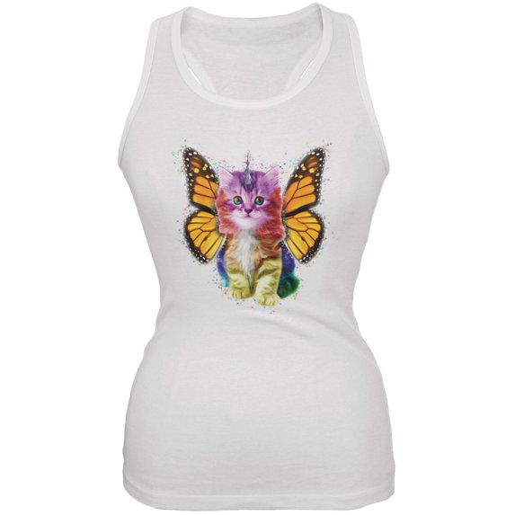 Rainbow Butterfly Unicorn Kitten White Juniors Soft Tank Top - X-Large