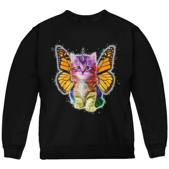 Rainbow Butterfly Unicorn Kitten Youth Sweatshirt Black YSM